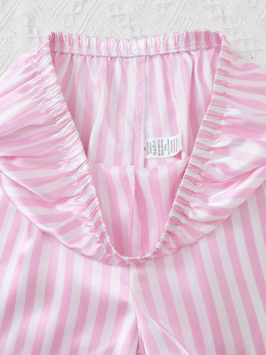 2pcs Women Pajama Set, Light Pink Striped Short Sleeve Shirt With Button Front And Elastic Waist Shorts - Baby Pink