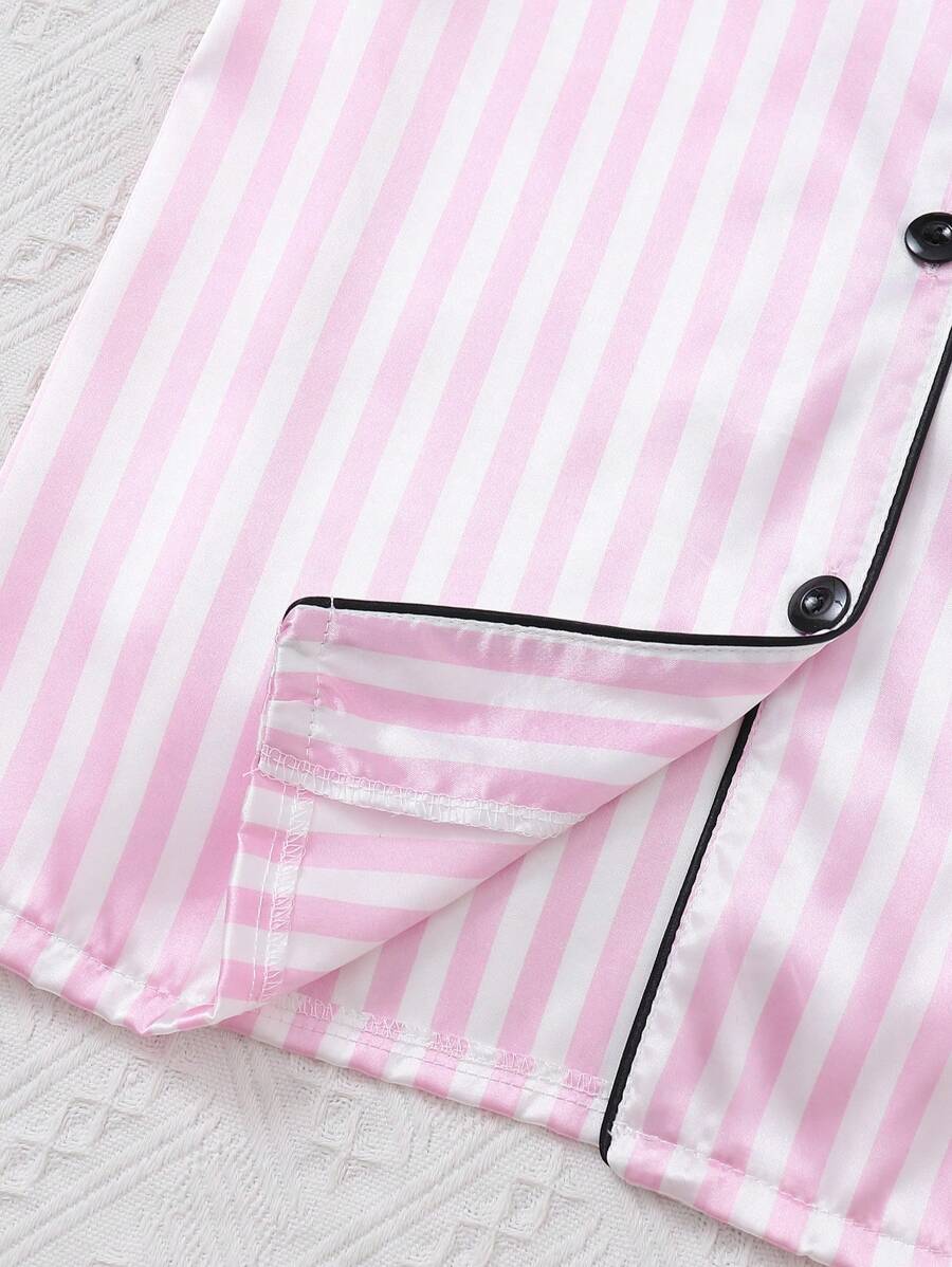 2pcs Women Pajama Set, Light Pink Striped Short Sleeve Shirt With Button Front And Elastic Waist Shorts - Baby Pink