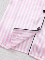 2pcs Women Pajama Set, Light Pink Striped Short Sleeve Shirt With Button Front And Elastic Waist Shorts - Baby Pink