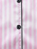 2pcs Women Pajama Set, Light Pink Striped Short Sleeve Shirt With Button Front And Elastic Waist Shorts - Baby Pink