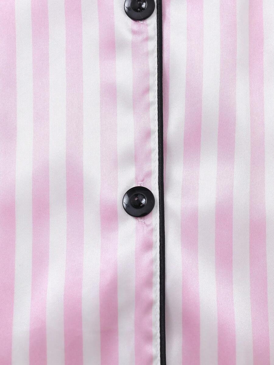 2pcs Women Pajama Set, Light Pink Striped Short Sleeve Shirt With Button Front And Elastic Waist Shorts - Baby Pink