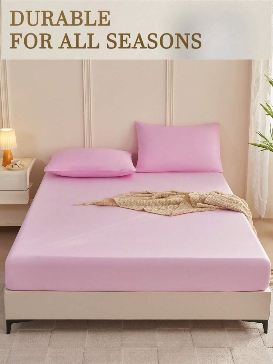 1pc Solid Color Fitted Sheet, Mattress Protector, Mattress Cover For Bed, Soft And Breathable, Deep Pocket Up To 11.8 Inch - Pink