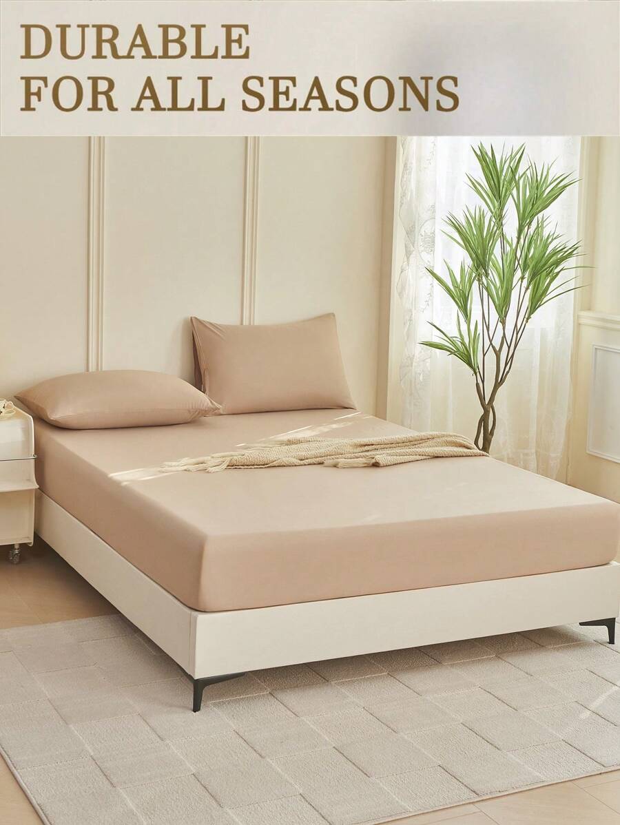 1pc Solid Color Fitted Sheet, Mattress Protector, Mattress Cover For Bed, Soft And Breathable, Deep Pocket Up To 11.8 Inch - Camel