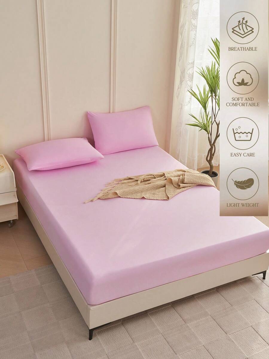 1pc Solid Color Fitted Sheet, Mattress Protector, Mattress Cover For Bed, Soft And Breathable, Deep Pocket Up To 11.8 Inch - Pink