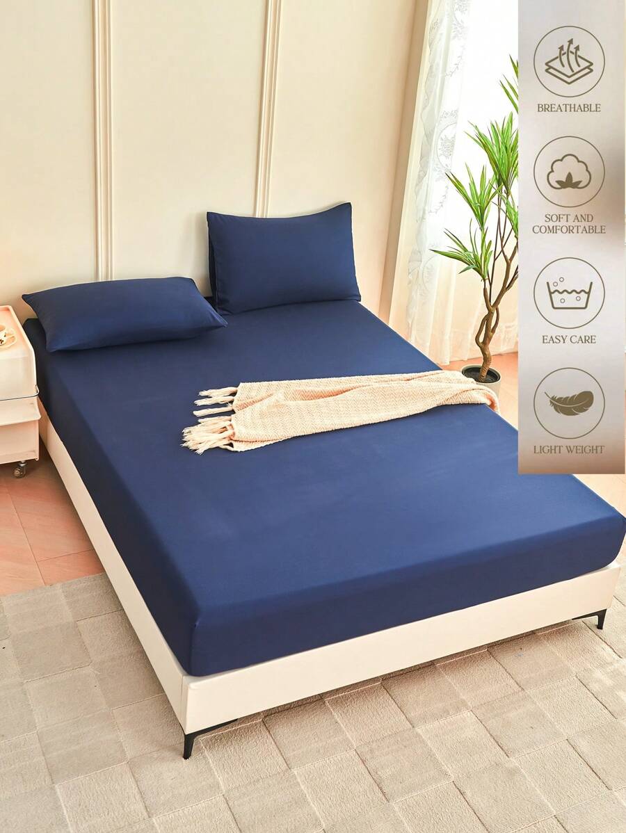 1pc Solid Color Fitted Sheet, Mattress Protector, Mattress Cover For Bed, Soft And Breathable, Deep Pocket Up To 11.8 Inch - Navy Blue
