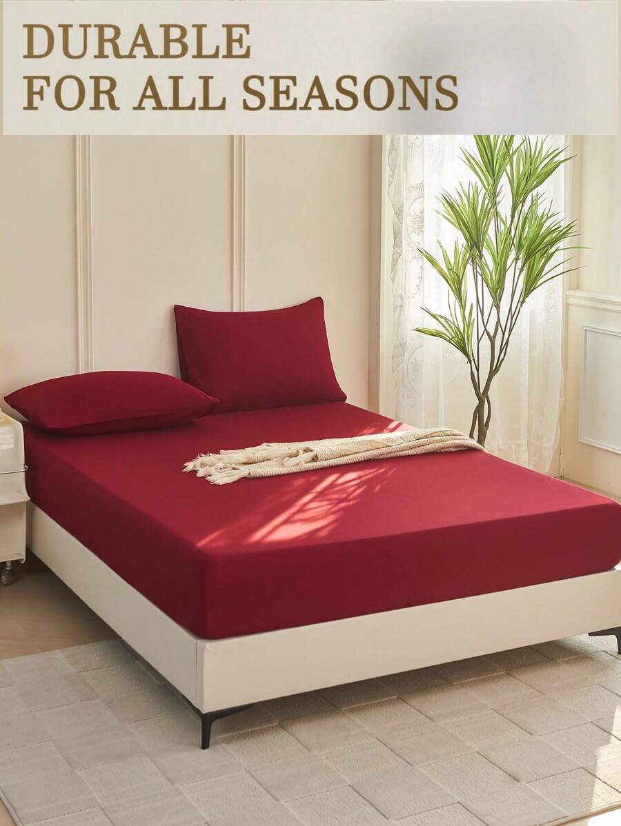1pc Solid Color Fitted Sheet, Mattress Protector, Mattress Cover For Bed, Soft And Breathable, Deep Pocket Up To 11.8 Inch - Burgundy