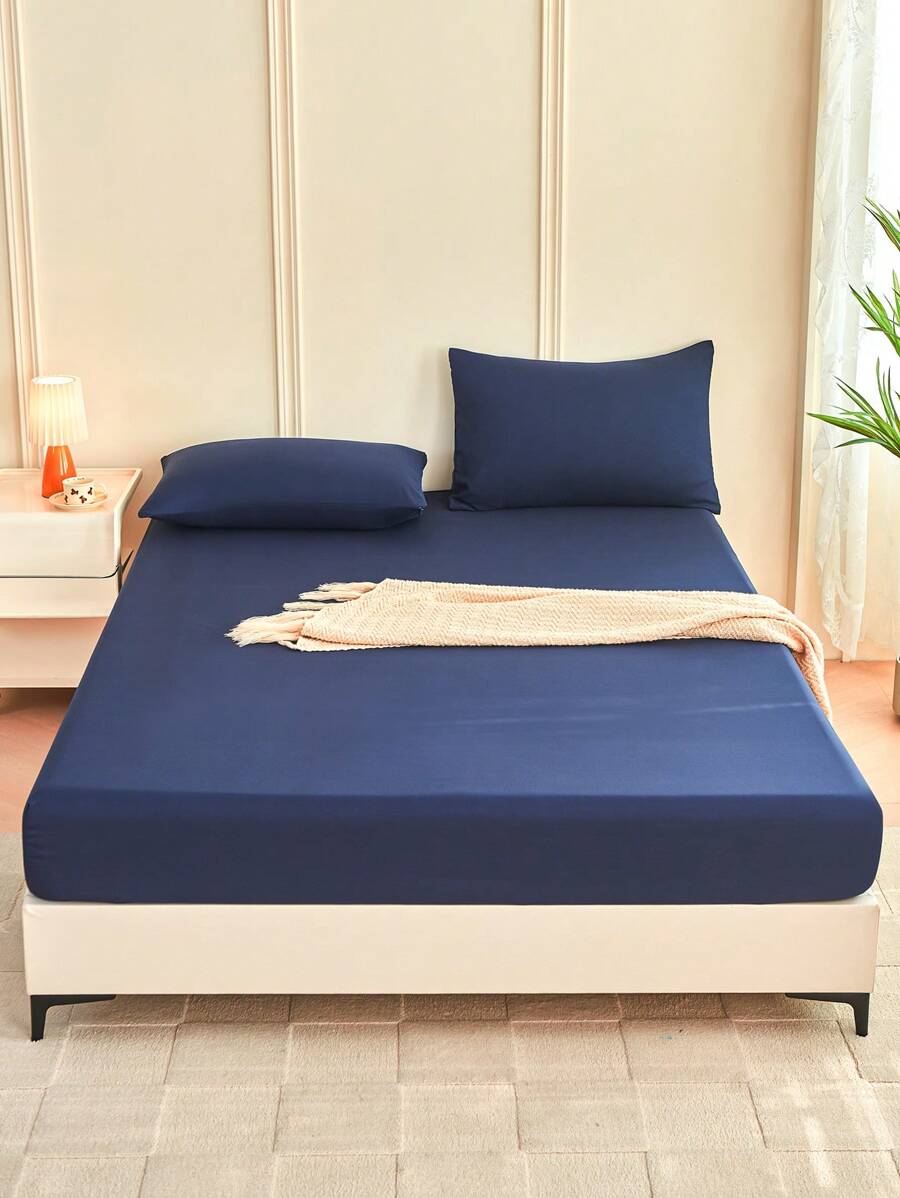 1pc Solid Color Fitted Sheet, Mattress Protector, Mattress Cover For Bed, Soft And Breathable, Deep Pocket Up To 11.8 Inch - Navy Blue