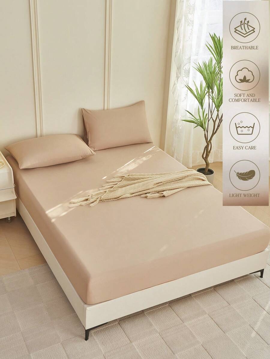 1pc Solid Color Fitted Sheet, Mattress Protector, Mattress Cover For Bed, Soft And Breathable, Deep Pocket Up To 11.8 Inch - Camel