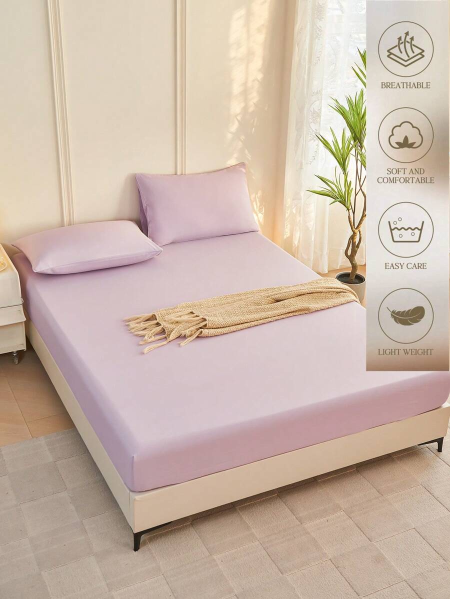 1pc Solid Color Fitted Sheet, Mattress Protector, Mattress Cover For Bed, Soft And Breathable, Deep Pocket Up To 11.8 Inch - Mauve Purple