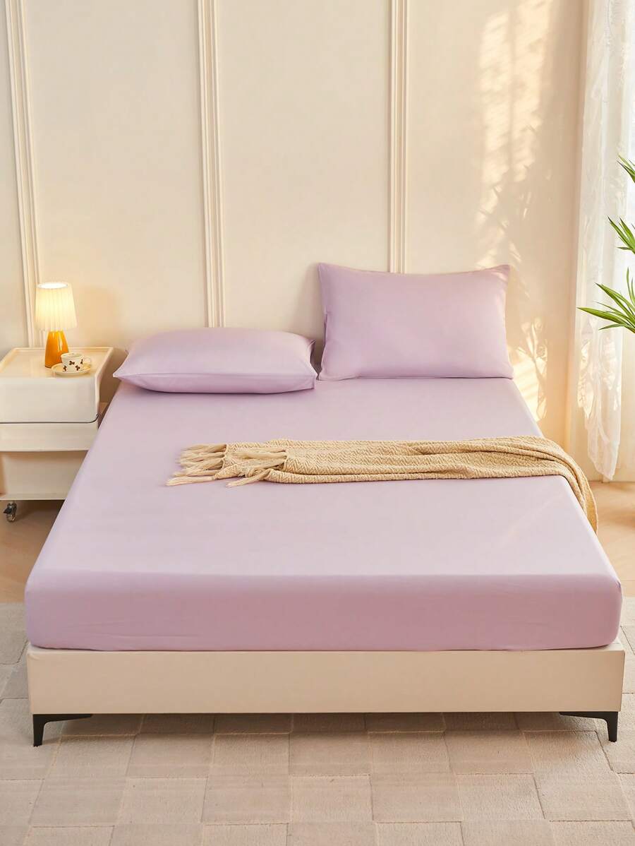 1pc Solid Color Fitted Sheet, Mattress Protector, Mattress Cover For Bed, Soft And Breathable, Deep Pocket Up To 11.8 Inch - Mauve Purple
