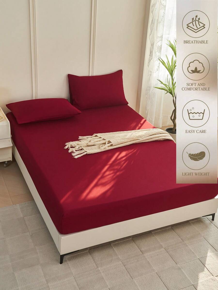 1pc Solid Color Fitted Sheet, Mattress Protector, Mattress Cover For Bed, Soft And Breathable, Deep Pocket Up To 11.8 Inch - Burgundy