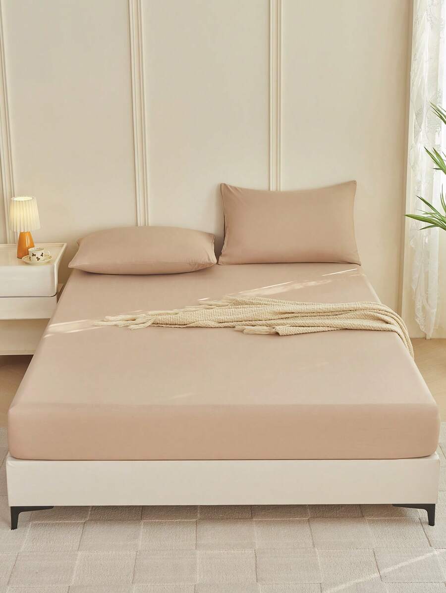 1pc Solid Color Fitted Sheet, Mattress Protector, Mattress Cover For Bed, Soft And Breathable, Deep Pocket Up To 11.8 Inch - Camel