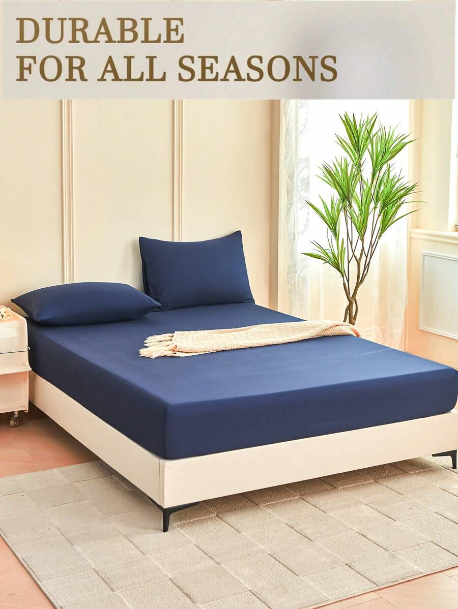1pc Solid Color Fitted Sheet, Mattress Protector, Mattress Cover For Bed, Soft And Breathable, Deep Pocket Up To 11.8 Inch - Navy Blue