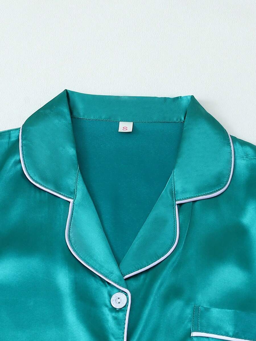 2pcs/Set Women's Satin Pajama Set With Short Sleeve Lapel Top And Bowknot Shorts, Sleepwear Loungewear - Dark Green