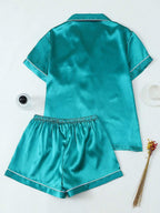 2pcs/Set Women's Satin Pajama Set With Short Sleeve Lapel Top And Bowknot Shorts, Sleepwear Loungewear - Dark Green