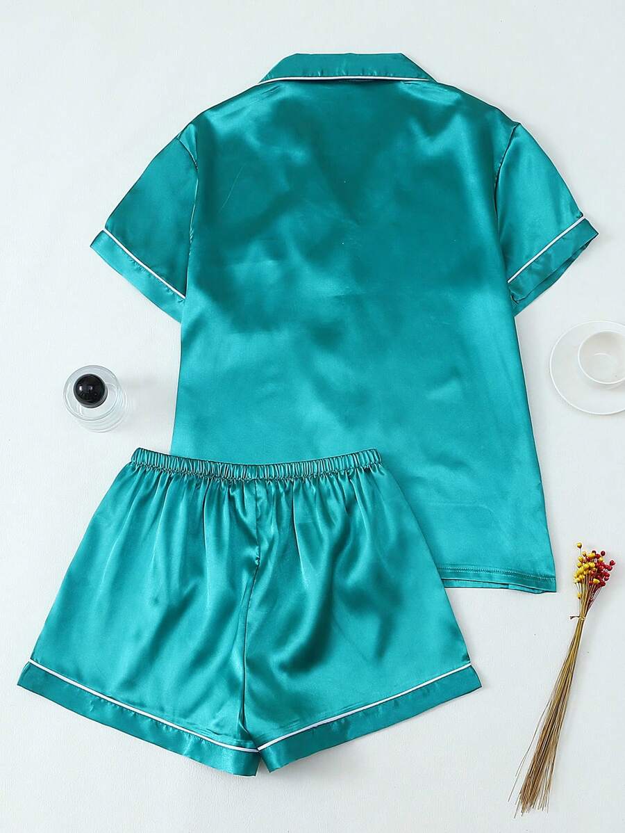 2pcs/Set Women's Satin Pajama Set With Short Sleeve Lapel Top And Bowknot Shorts, Sleepwear Loungewear - Dark Green