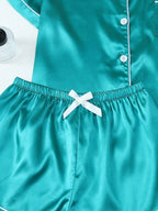2pcs/Set Women's Satin Pajama Set With Short Sleeve Lapel Top And Bowknot Shorts, Sleepwear Loungewear - Dark Green