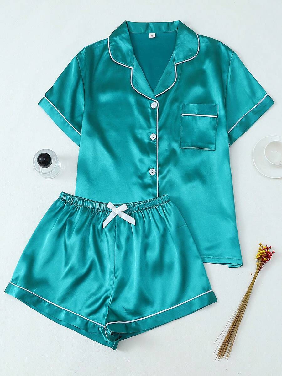 2pcs/Set Women's Satin Pajama Set With Short Sleeve Lapel Top And Bowknot Shorts, Sleepwear Loungewear - Dark Green