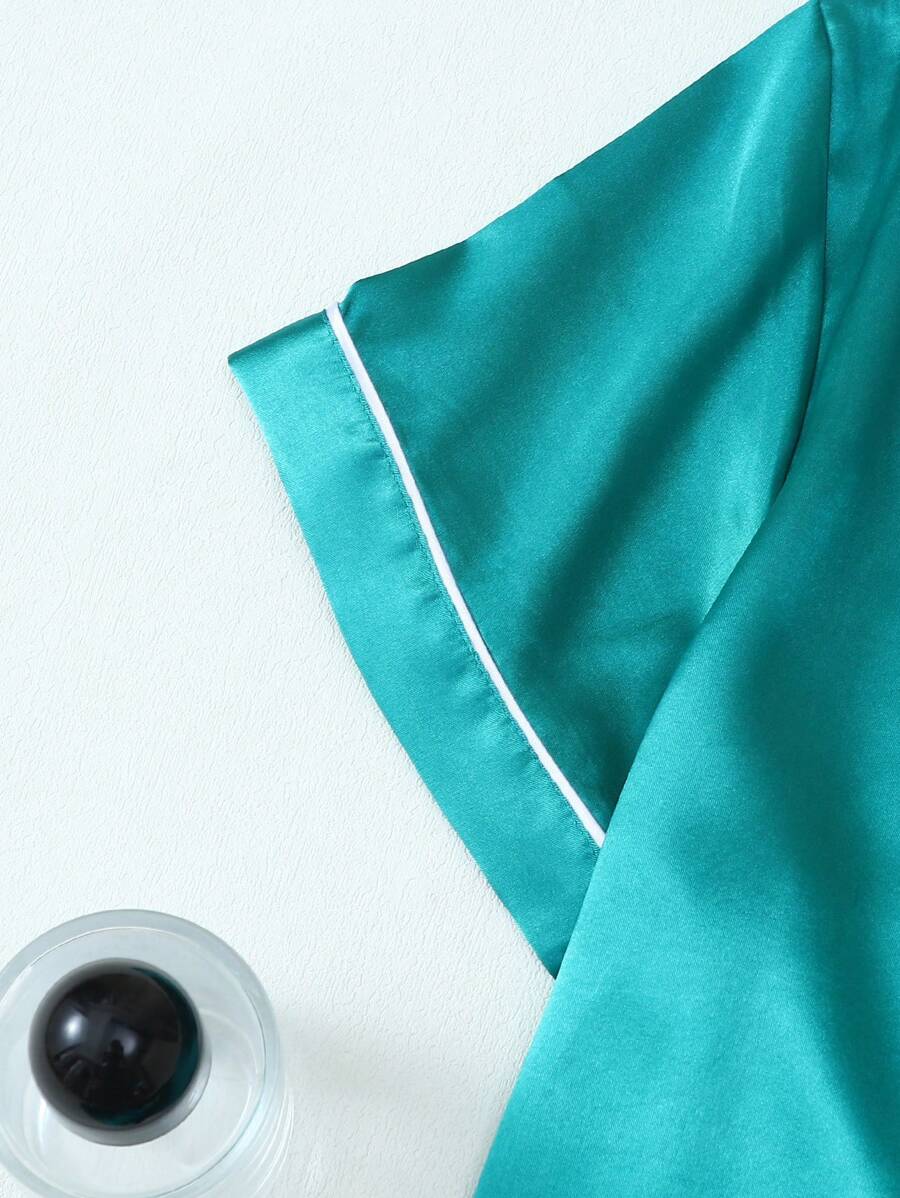 2pcs/Set Women's Satin Pajama Set With Short Sleeve Lapel Top And Bowknot Shorts, Sleepwear Loungewear - Dark Green