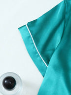 2pcs/Set Women's Satin Pajama Set With Short Sleeve Lapel Top And Bowknot Shorts, Sleepwear Loungewear - Dark Green