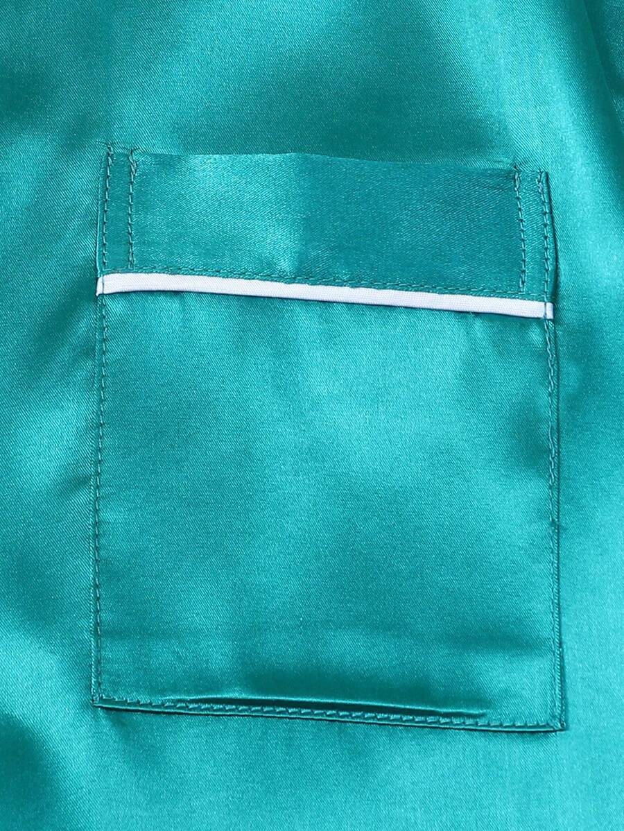 2pcs/Set Women's Satin Pajama Set With Short Sleeve Lapel Top And Bowknot Shorts, Sleepwear Loungewear - Dark Green