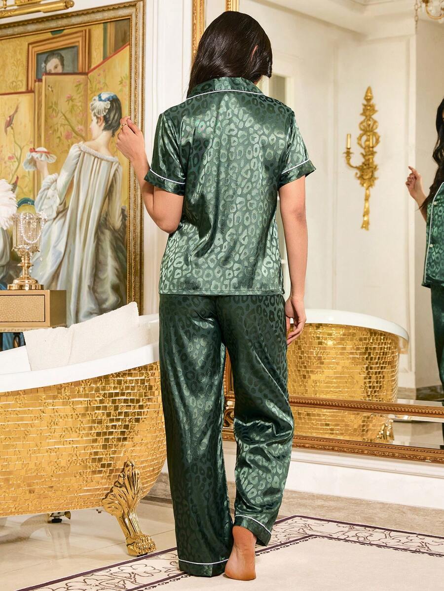 LuxeNights Casual Satin Pajamas With All Over Print And Lapel For Luxurious Lounging, Sleepwear Sets For Women, Leopard Print Pajama Set - Green