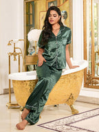 LuxeNights Casual Satin Pajamas With All Over Print And Lapel For Luxurious Lounging, Sleepwear Sets For Women, Leopard Print Pajama Set - Green