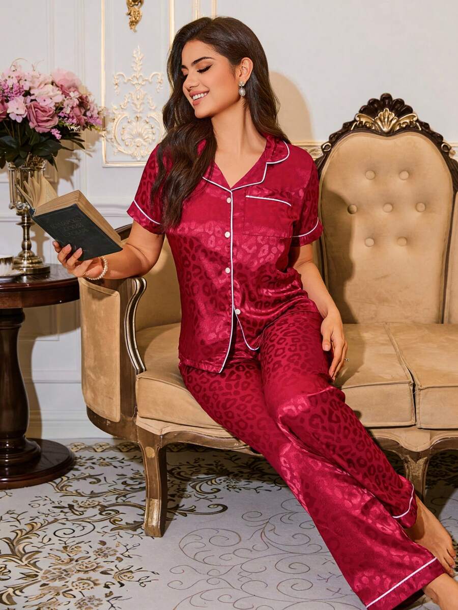 LuxeNights Casual Satin Pajamas With All Over Print And Lapel For Luxurious Lounging, Sleepwear Sets For Women, Leopard Print Pajama Set - Burgundy