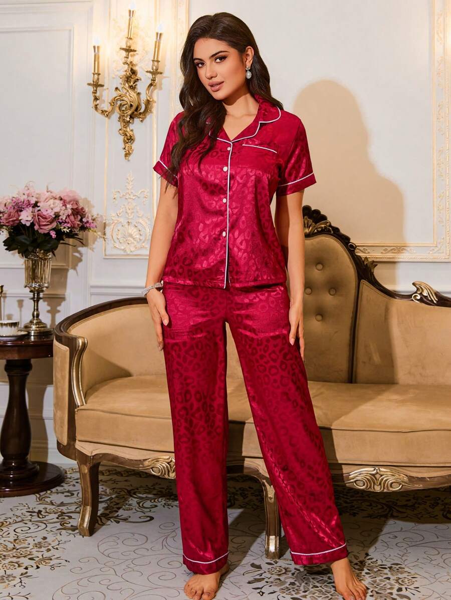LuxeNights Casual Satin Pajamas With All Over Print And Lapel For Luxurious Lounging, Sleepwear Sets For Women, Leopard Print Pajama Set - Burgundy