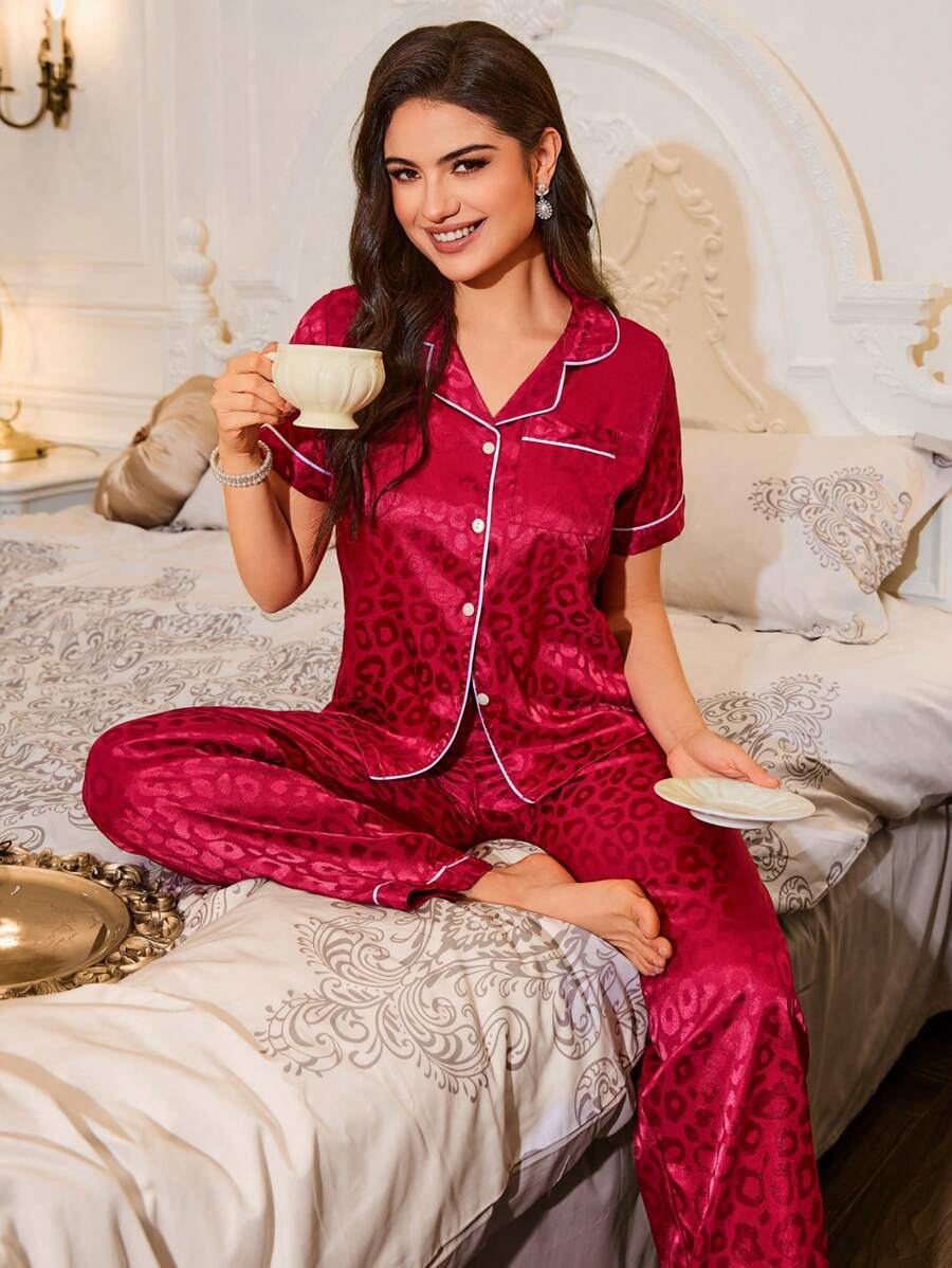 LuxeNights Casual Satin Pajamas With All Over Print And Lapel For Luxurious Lounging, Sleepwear Sets For Women, Leopard Print Pajama Set - Burgundy