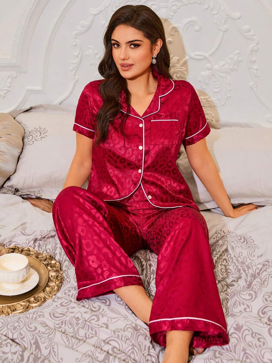 LuxeNights Casual Satin Pajamas With All Over Print And Lapel For Luxurious Lounging, Sleepwear Sets For Women, Leopard Print Pajama Set - Burgundy