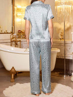 LuxeNights Casual Satin Pajamas With All Over Print And Lapel For Luxurious Lounging, Sleepwear Sets For Women, Leopard Print Pajama Set - Baby Blue