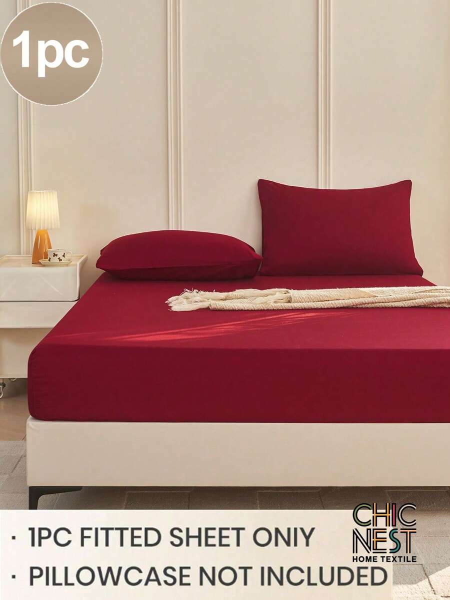 1pc Solid Color Fitted Sheet, Mattress Protector, Mattress Cover For Bed, Soft And Breathable, Deep Pocket Up To 11.8 Inch - Burgundy