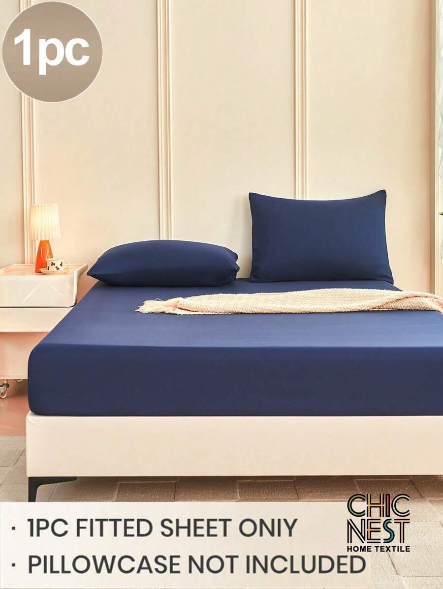 1pc Solid Color Fitted Sheet, Mattress Protector, Mattress Cover For Bed, Soft And Breathable, Deep Pocket Up To 11.8 Inch - Navy Blue
