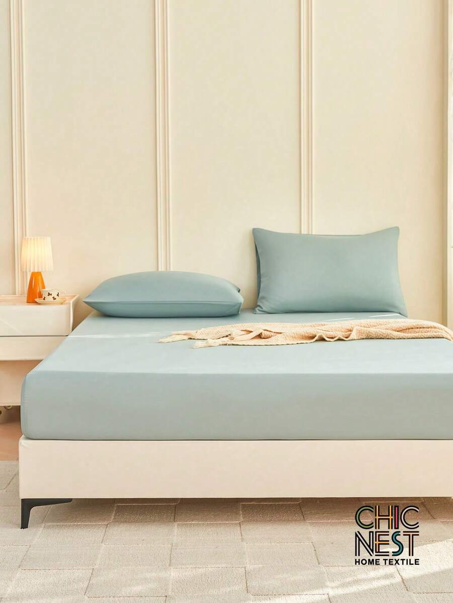 1pc Solid Color Fitted Sheet, Mattress Protector, Mattress Cover For Bed, Soft And Breathable, Deep Pocket Up To 11.8 Inch - Sage Green