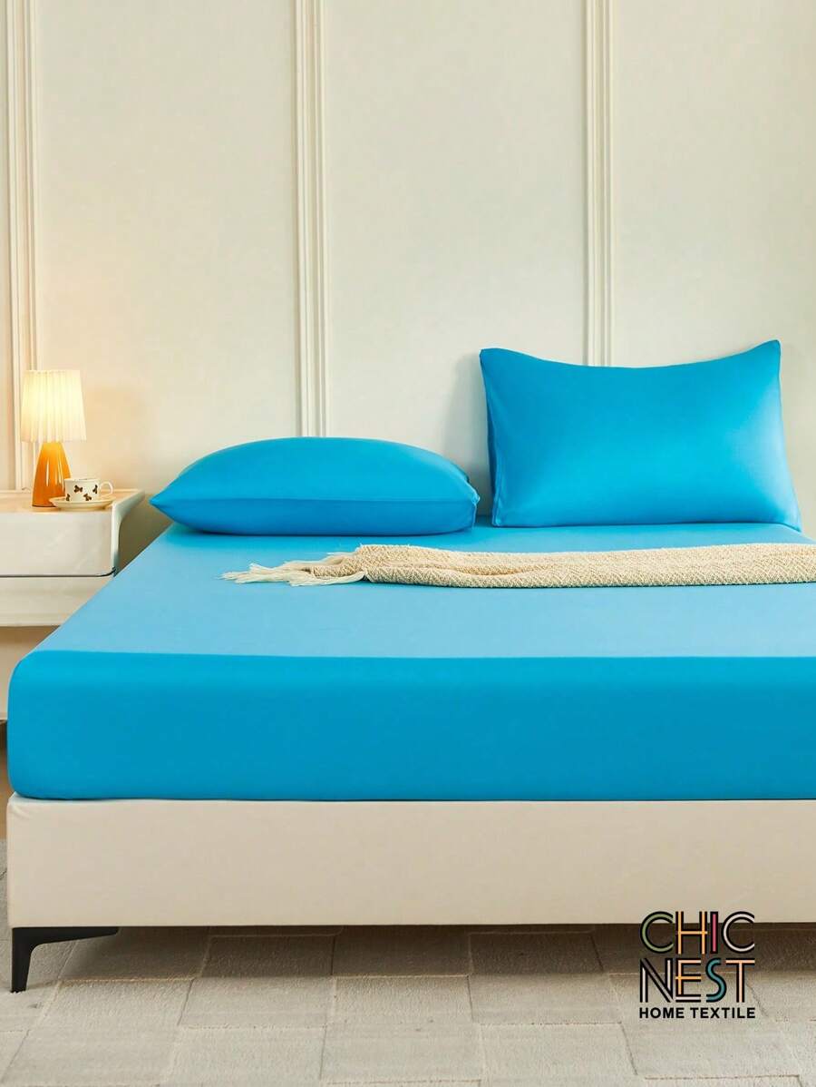 1pc Solid Color Fitted Sheet, Mattress Protector, Mattress Cover For Bed, Soft And Breathable, Deep Pocket Up To 11.8 Inch - Blue
