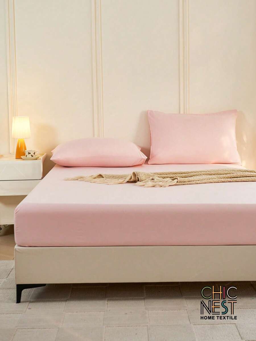 1pc Solid Color Fitted Sheet, Mattress Protector, Mattress Cover For Bed, Soft And Breathable, Deep Pocket Up To 11.8 Inch - Watermelon Pink