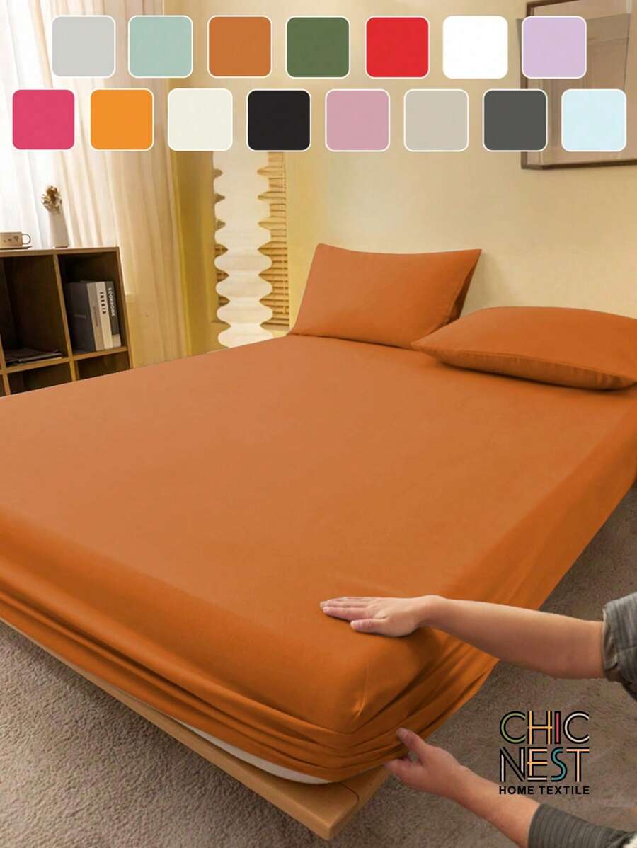 1pc Solid Color Fitted Sheet, Mattress Protector, Mattress Cover For Bed, Soft And Breathable, Deep Pocket Up To 11.8 Inch - Ginger
