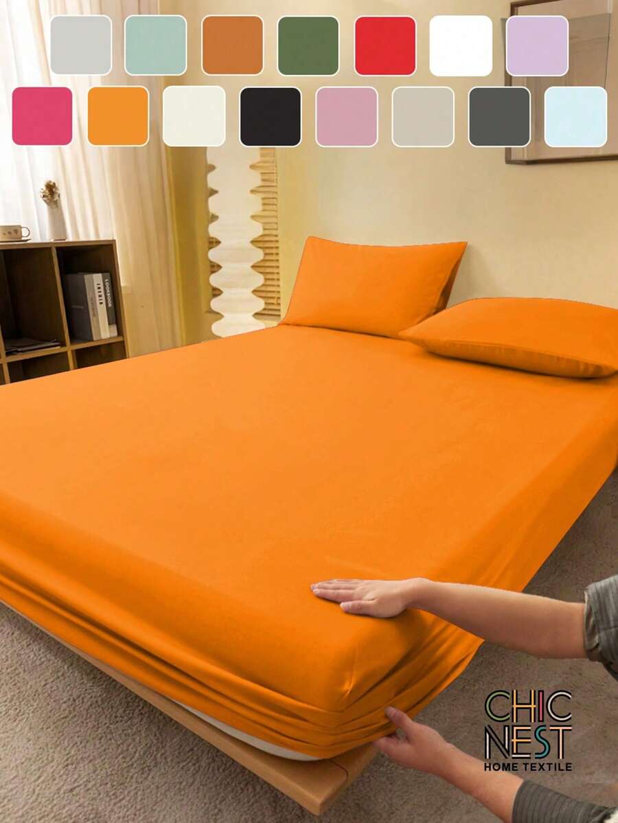 1pc Solid Color Fitted Sheet, Mattress Protector, Mattress Cover For Bed, Soft And Breathable, Deep Pocket Up To 11.8 Inch - Orange