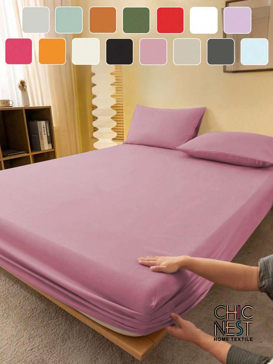 1pc Solid Color Fitted Sheet, Mattress Protector, Mattress Cover For Bed, Soft And Breathable, Deep Pocket Up To 11.8 Inch - Dusty Pink