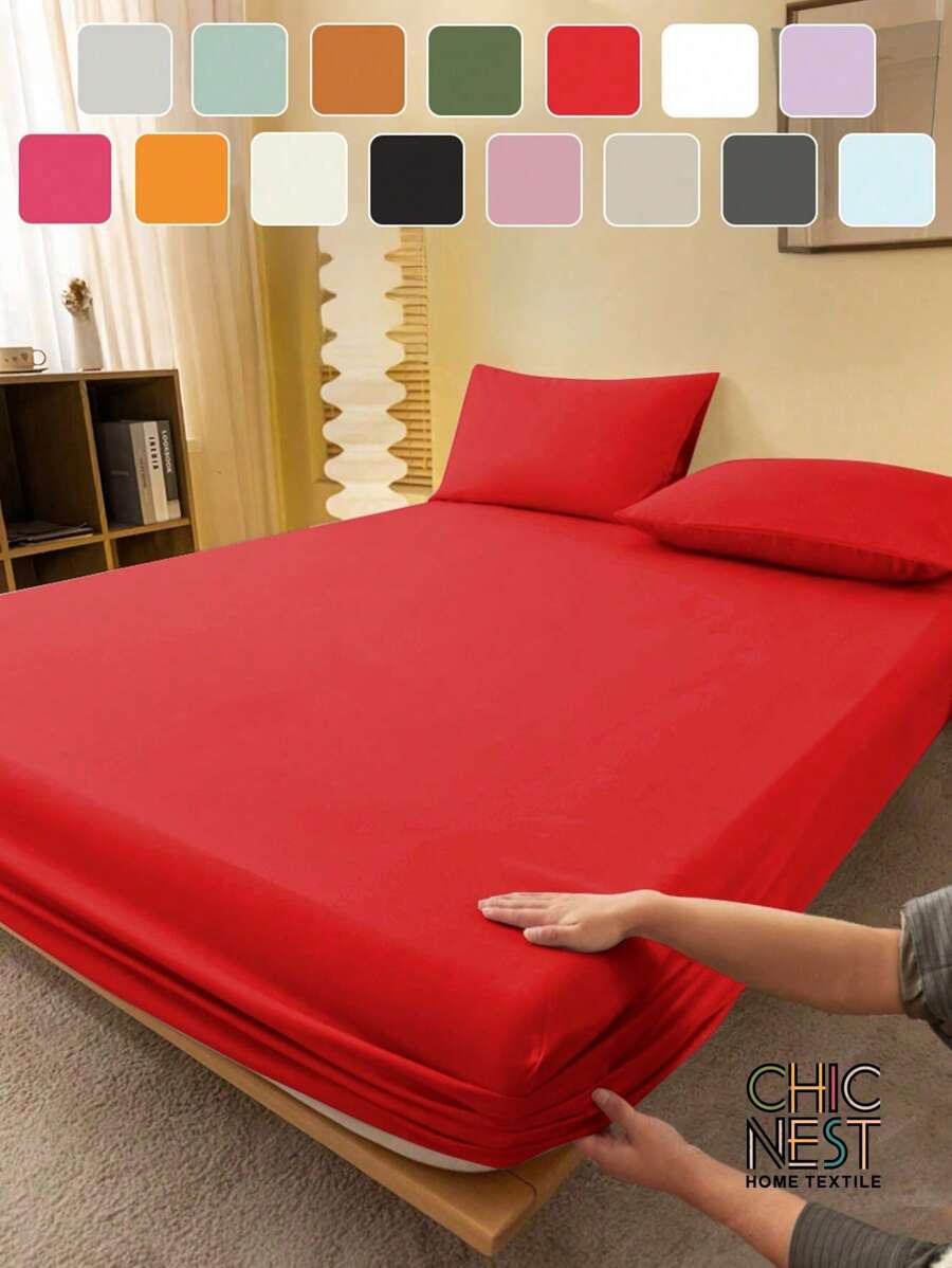 1pc Solid Color Fitted Sheet, Mattress Protector, Mattress Cover For Bed, Soft And Breathable, Deep Pocket Up To 11.8 Inch - Red