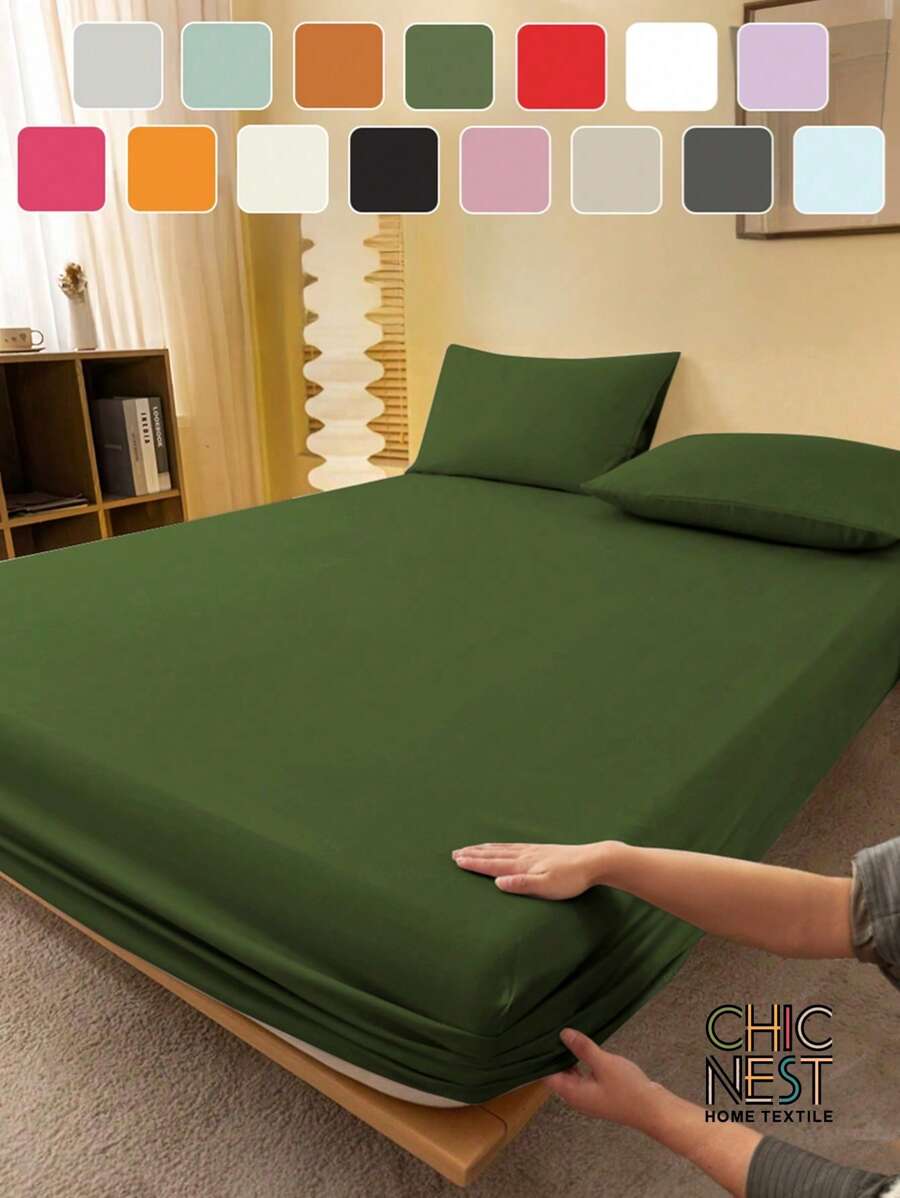 1pc Solid Color Fitted Sheet, Mattress Protector, Mattress Cover For Bed, Soft And Breathable, Deep Pocket Up To 11.8 Inch - Army Green