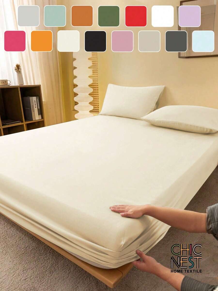 1pc Solid Color Fitted Sheet, Mattress Protector, Mattress Cover For Bed, Soft And Breathable, Deep Pocket Up To 11.8 Inch - Beige