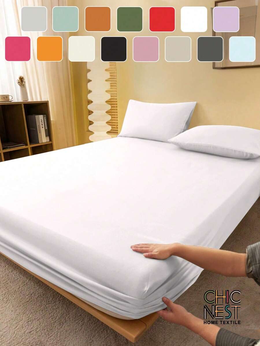 1pc Solid Color Fitted Sheet, Mattress Protector, Mattress Cover For Bed, Soft And Breathable, Deep Pocket Up To 11.8 Inch - White