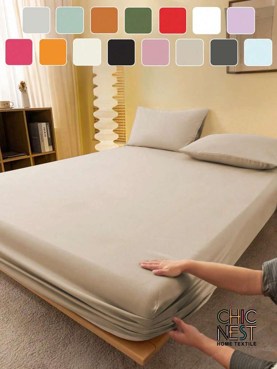 1pc Solid Color Fitted Sheet, Mattress Protector, Mattress Cover For Bed, Soft And Breathable, Deep Pocket Up To 11.8 Inch - Khaki