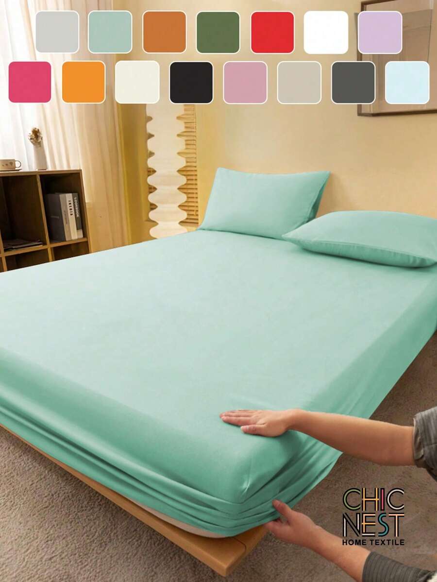 1pc Solid Color Fitted Sheet, Mattress Protector, Mattress Cover For Bed, Soft And Breathable, Deep Pocket Up To 11.8 Inch - Pastel Green