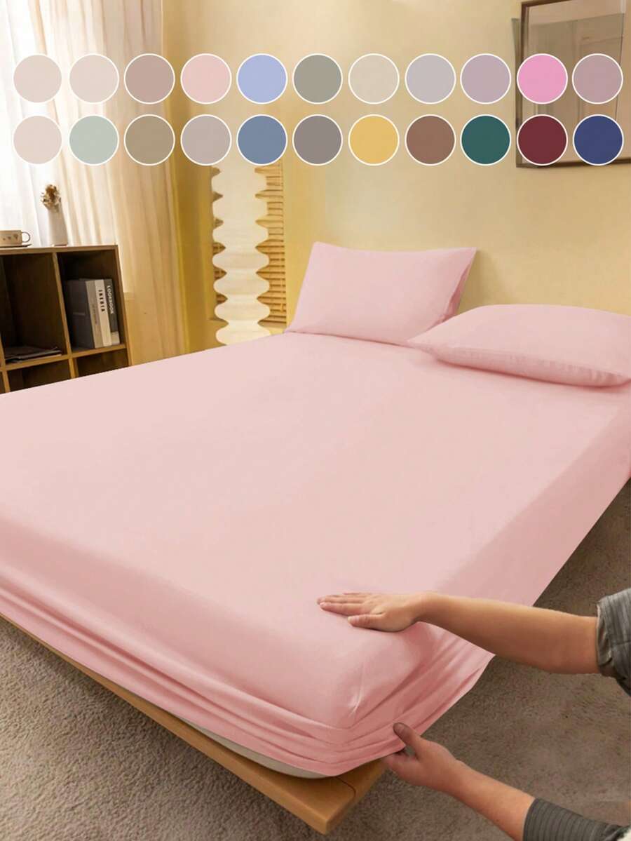 1pc Solid Color Fitted Sheet, Mattress Protector, Mattress Cover For Bed, Soft And Breathable, Deep Pocket Up To 11.8 Inch - Watermelon Pink