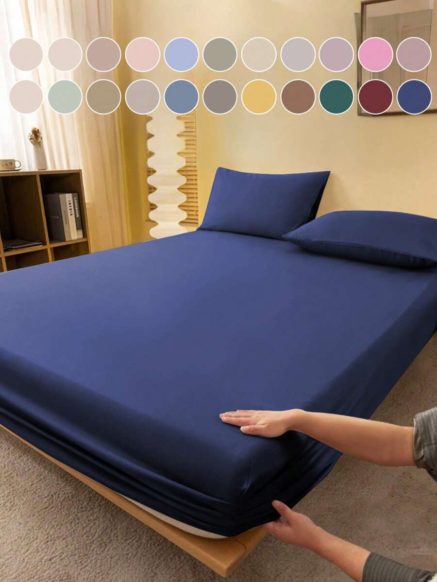1pc Solid Color Fitted Sheet, Mattress Protector, Mattress Cover For Bed, Soft And Breathable, Deep Pocket Up To 11.8 Inch - Navy Blue