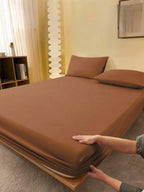 1pc Solid Color Fitted Sheet, Mattress Protector, Mattress Cover For Bed, Soft And Breathable, Deep Pocket Up To 11.8 Inch - Brown