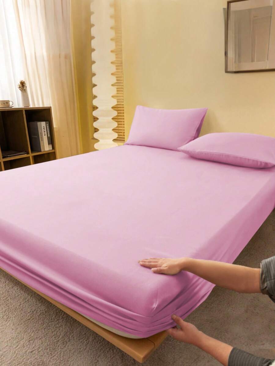 1pc Solid Color Fitted Sheet, Mattress Protector, Mattress Cover For Bed, Soft And Breathable, Deep Pocket Up To 11.8 Inch - Pink